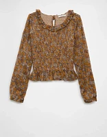 AE Long-Sleeve Smocked Bodice Ruffle Top