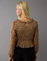 AE Long-Sleeve Smocked Bodice Ruffle Top