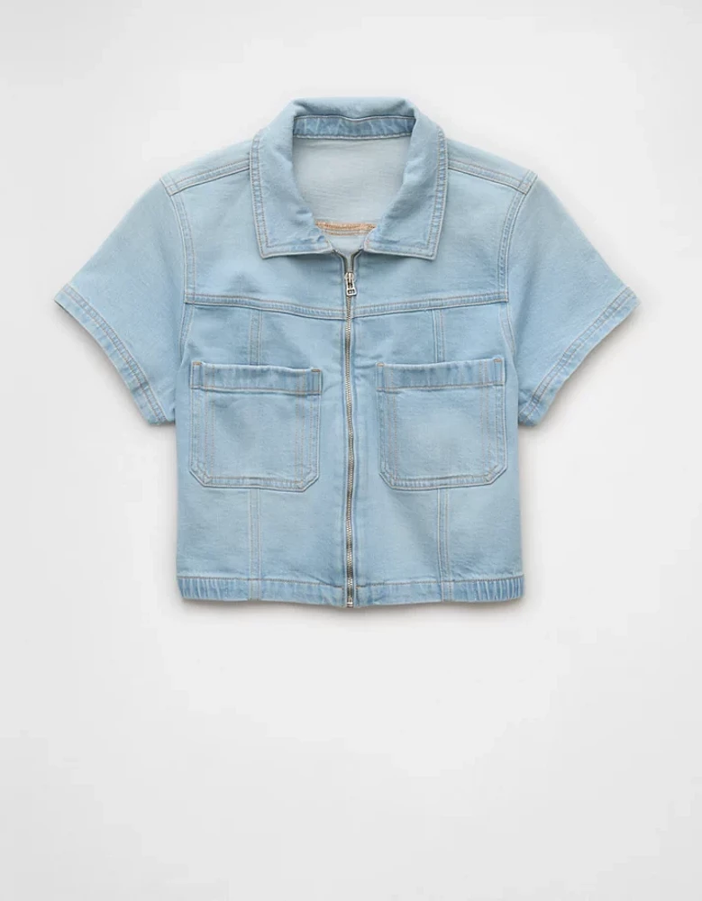 AE Denim Collared Zip-Up Crop Top