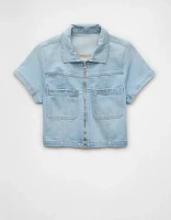 AE Denim Collared Zip-Up Crop Top