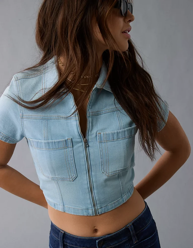 AE Denim Collared Zip-Up Crop Top