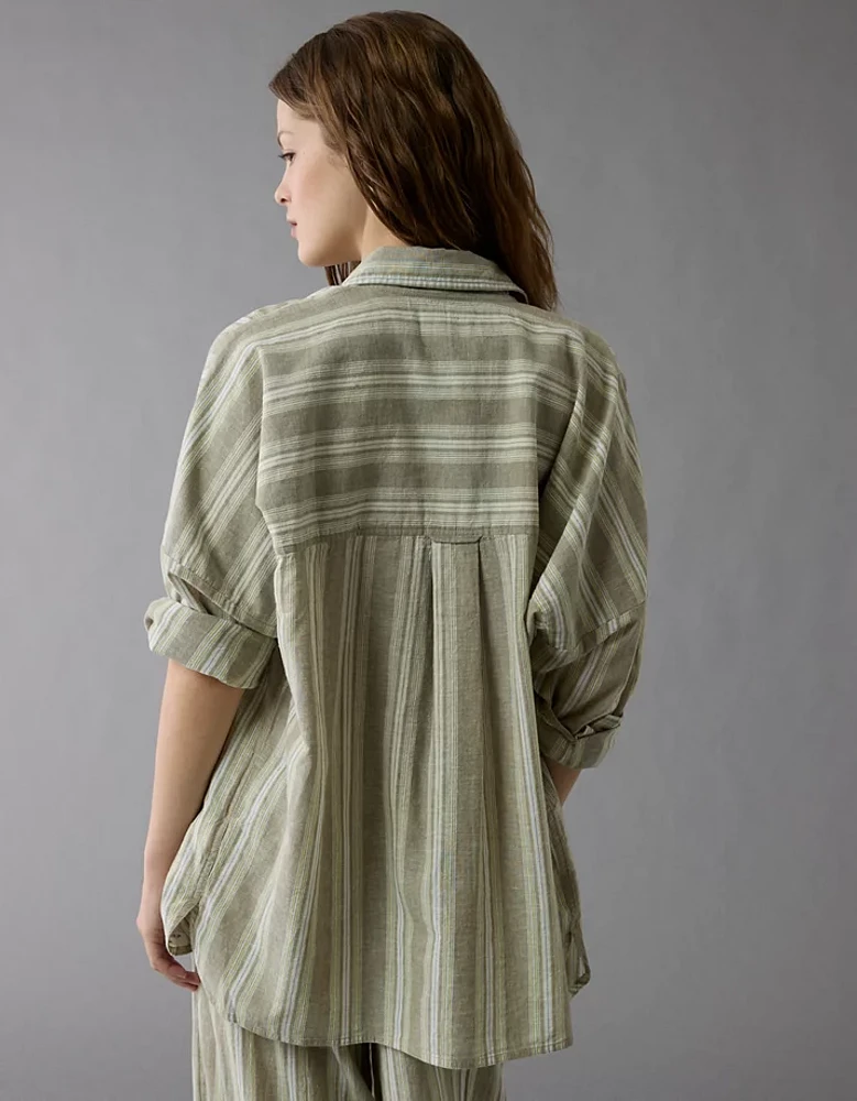 AE Go Big Linen-Blend Oversized Striped Shirt