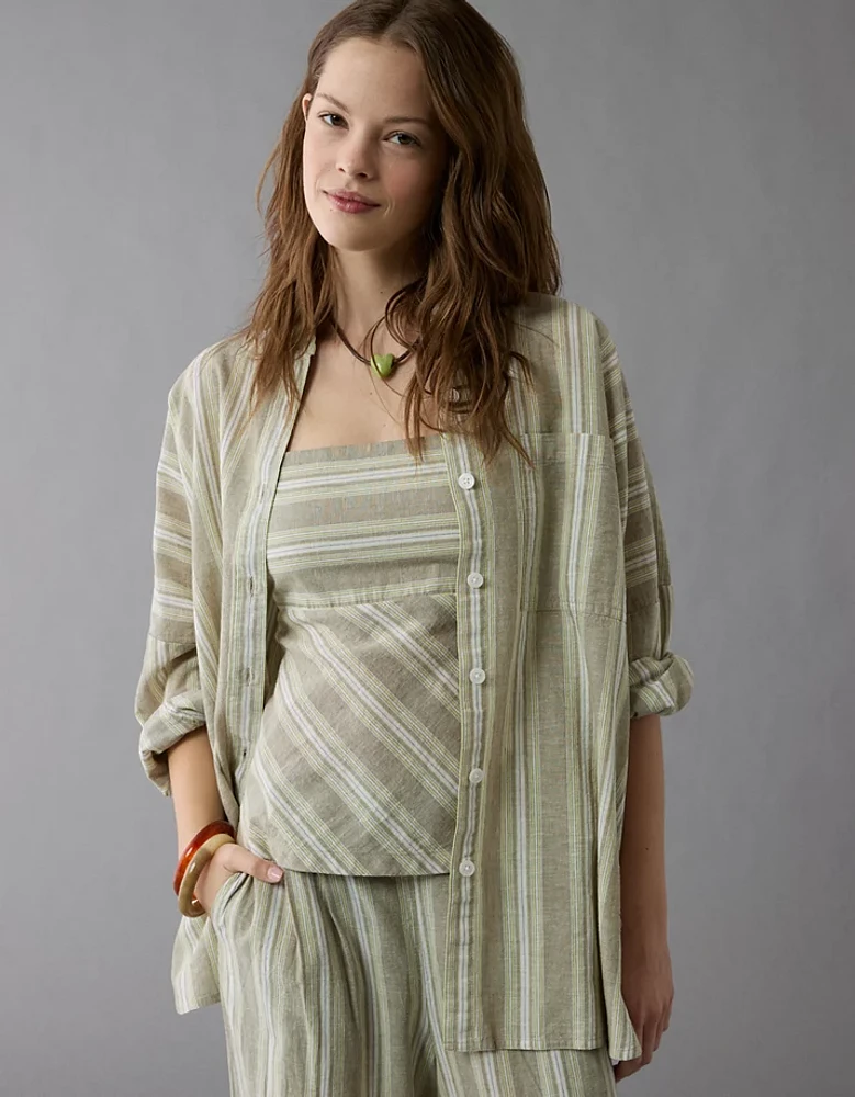 AE Go Big Linen-Blend Oversized Striped Shirt