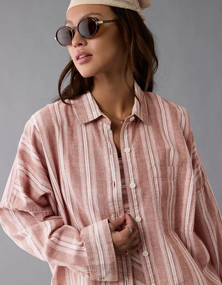 AE Go Big Linen-Blend Oversized Striped Shirt