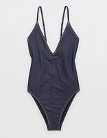 AE x Aerie Match Made Denim Plunge Cheekiest One Piece Swimsuit