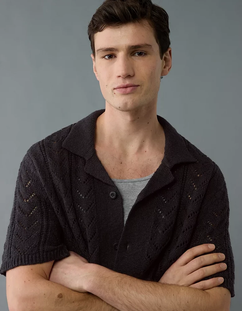 AE Weekend Pointelle Button-Up Sweater Polo Shirt