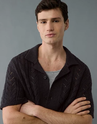 AE Weekend Pointelle Button-Up Sweater Polo Shirt