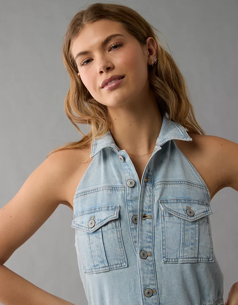 AE Denim Collared Halter Jumpsuit