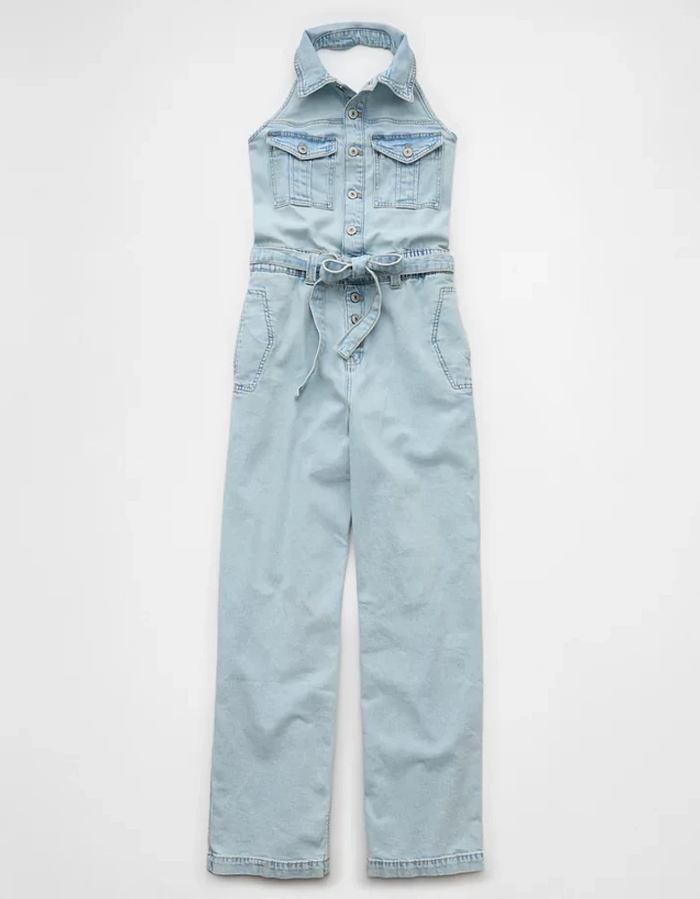 AE Denim Collared Halter Jumpsuit