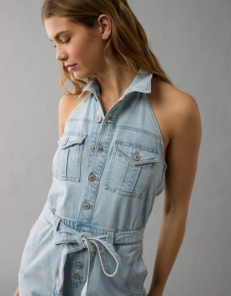 AE Denim Collared Halter Jumpsuit