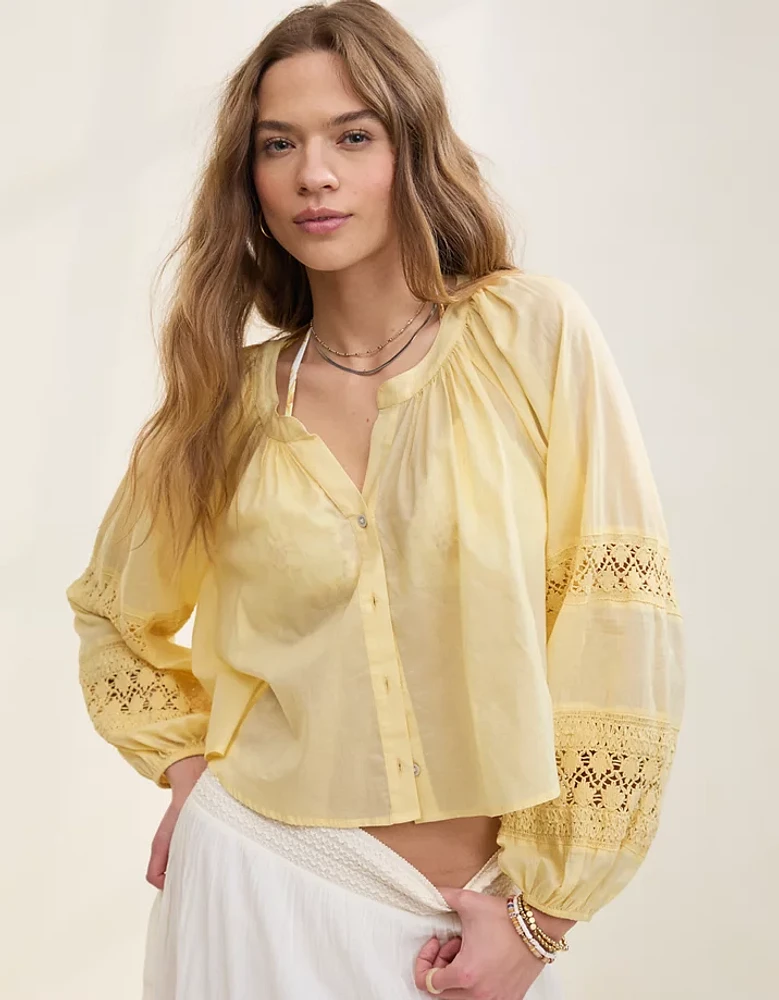 Aerie Long Sleeve Crochet Button Down Shirt