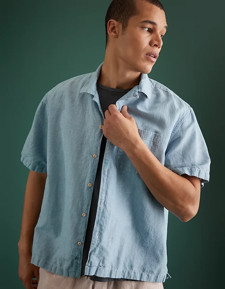 Chemise à col cubain en chambray haut de gamme AE77