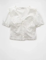 AE Short-Sleeve Ruffle Collar Eyelet Crop Top