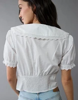 AE Short-Sleeve Ruffle Collar Eyelet Crop Top