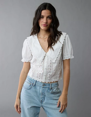 AE Short-Sleeve Ruffle Collar Eyelet Crop Top