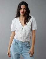 AE Short-Sleeve Ruffle Collar Eyelet Crop Top