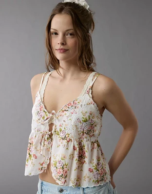 AE Tie Front Embroidered Tank Top