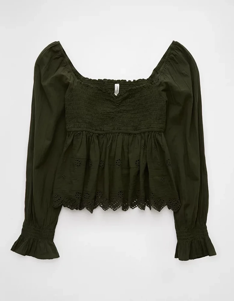 AE Long-Sleeve Smocked Babydoll Blouse