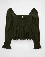 AE Long-Sleeve Smocked Babydoll Blouse