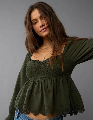 AE Long-Sleeve Smocked Babydoll Blouse