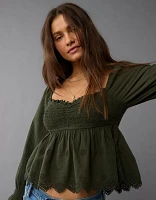 AE Long-Sleeve Smocked Babydoll Blouse