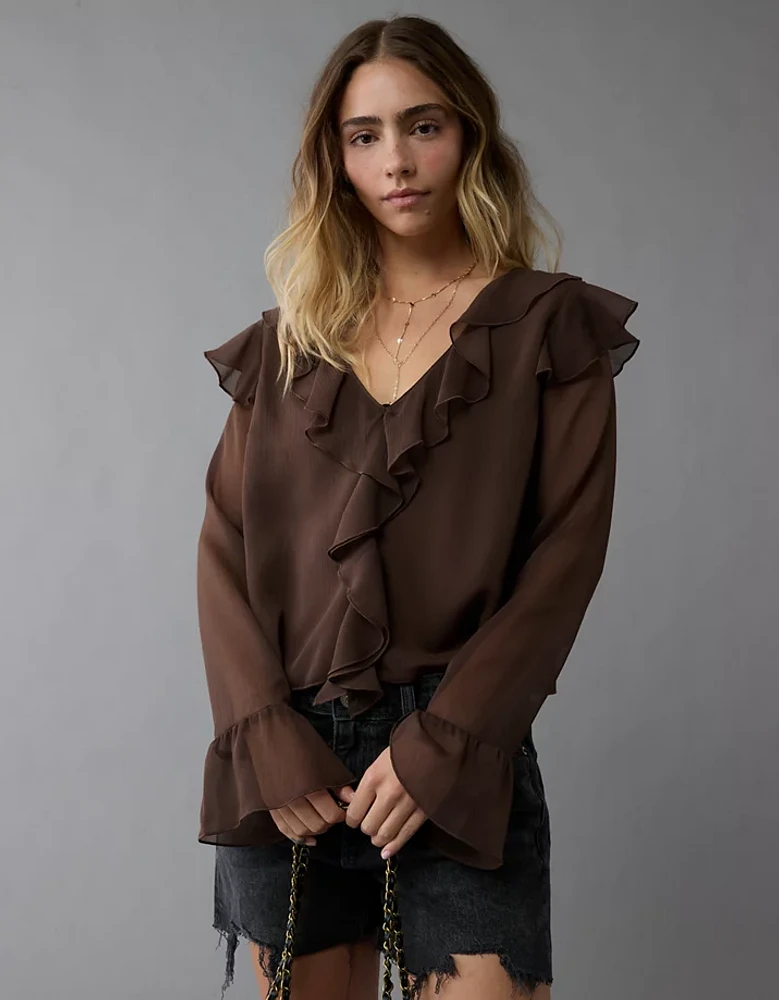 AE Chiffon Bell Sleeve Ruffle Blouse