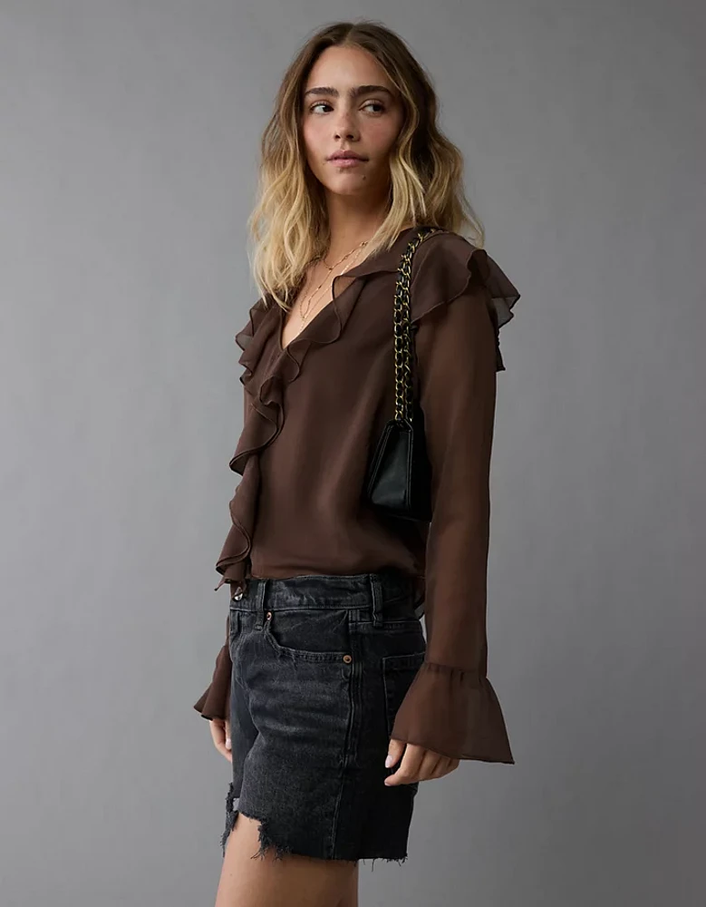 AE Chiffon Bell Sleeve Ruffle Blouse
