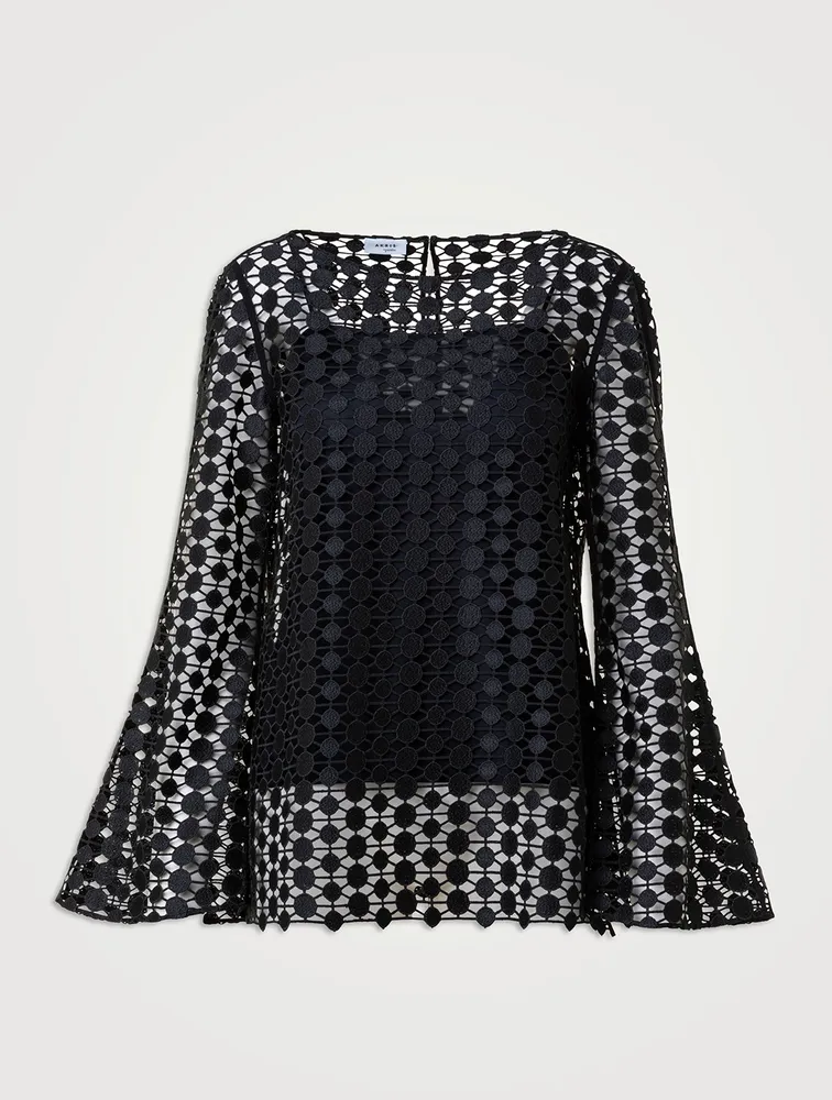 Bell-Sleeve Guipure Embroidered Blouse