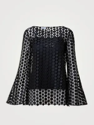 Bell-Sleeve Guipure Embroidered Blouse
