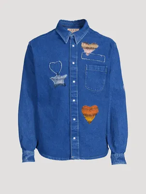 Coated Denim Shirt With Mohair Patches