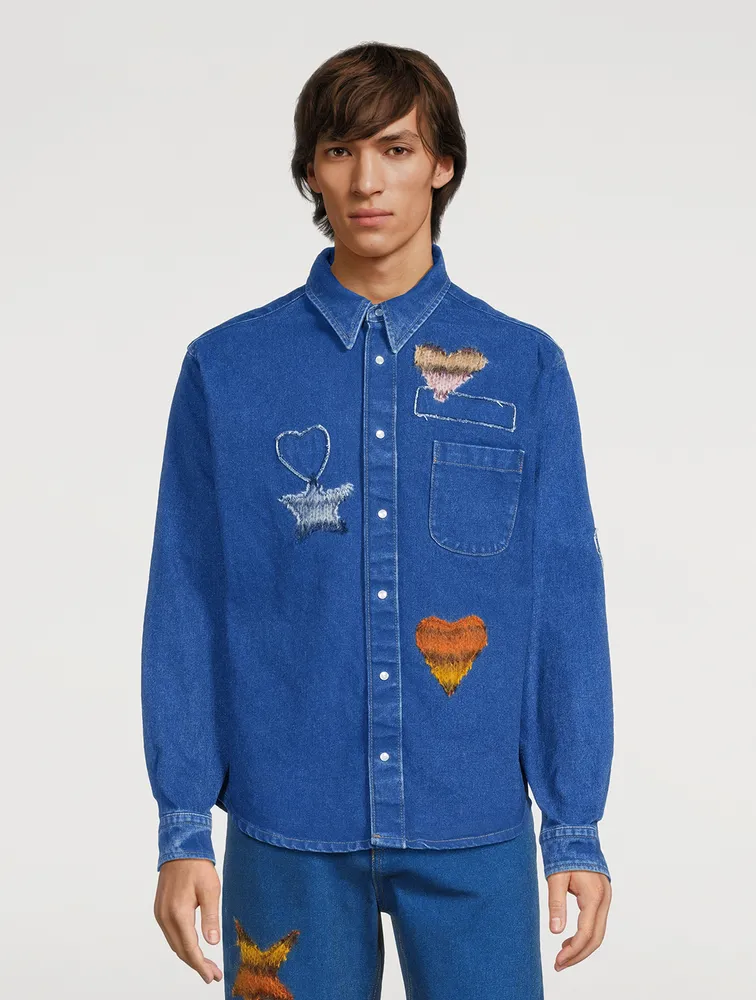 Coated Denim Shirt With Mohair Patches