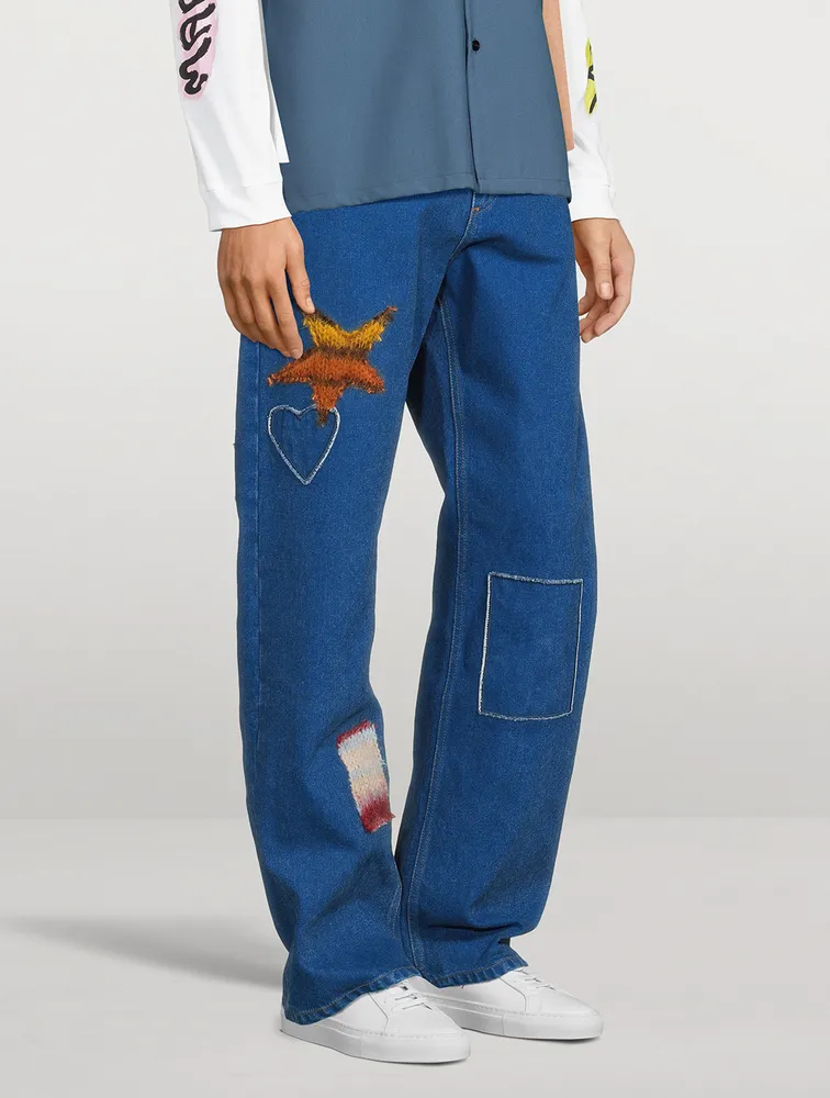 Coated Straight-Leg Jeans With Mohair Patches