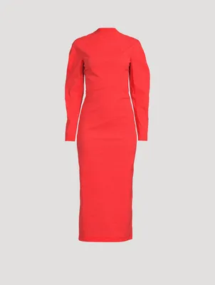 Taffeta Long-Sleeve Midi Dress