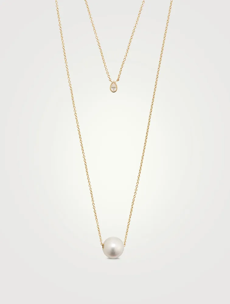 14K Gold Layered Chain Necklace With Pearl And Diamond