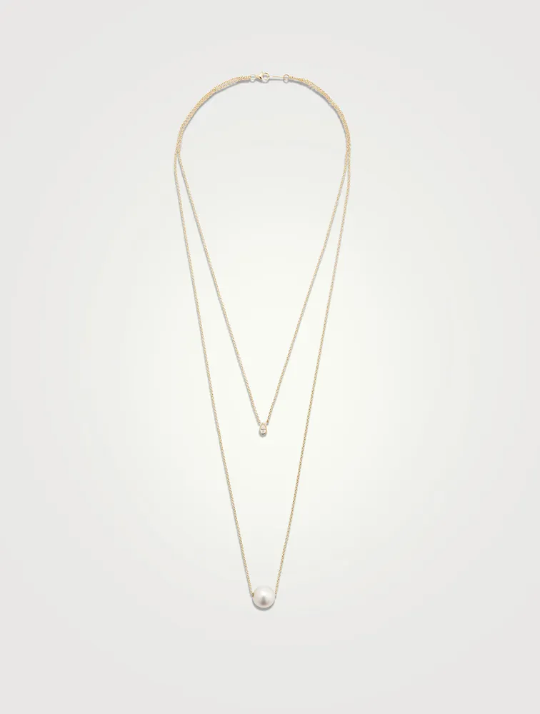 14K Gold Layered Chain Necklace With Pearl And Diamond