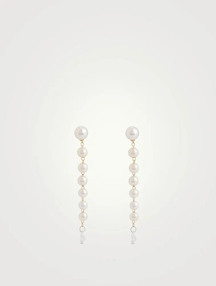 14K Gold Pearl Drop Earrings With Diamonds