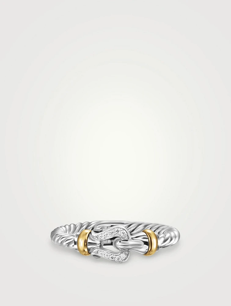 Petite Buckle Ring In Sterling Silver With 18k Yellow Gold And Diamonds, 2mm