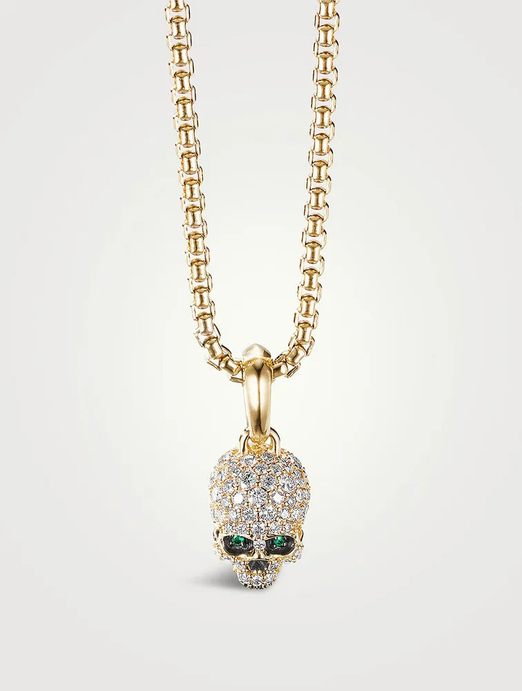 Memento Mori Skull Amulet With Full Pavé Diamonds, Emeralds And 18k Yellow Gold