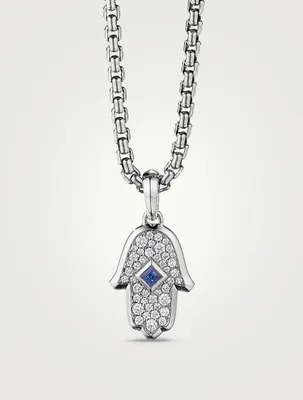 Hamsa Amulet In 18k White Gold With Pavé Diamonds And Blue Sapphire