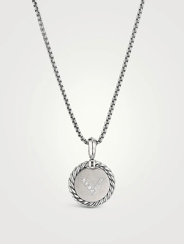V Initial Charm In Sterling Silver With Pavé Diamonds