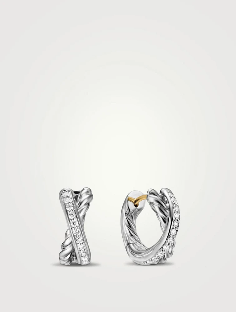 Crossover Huggie Hoop Earrings In Sterling Silver With Diamonds, 12.4mm