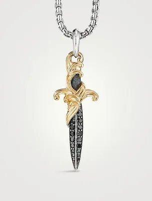 Waves Dagger Amulet In Sterling Silver With Pavé Black Diamonds And 18k Yellow Gold