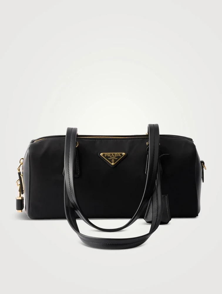 Re-nylon And Leather Medium Top-handle Bag With Padlock