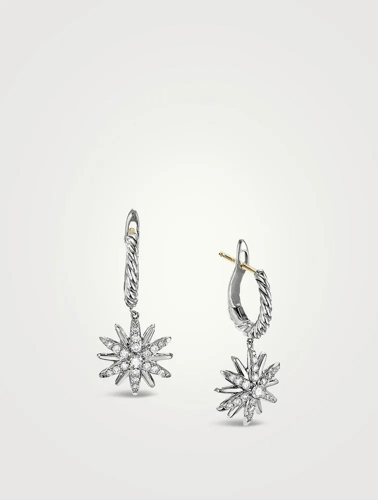 Starburst Drop Earrings In Sterling Silver With Pavé Diamonds