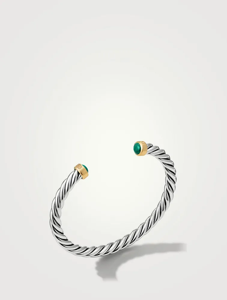 Cable Cuff Bracelet Sterling Silver With 18k Yellow Gold And Malachite