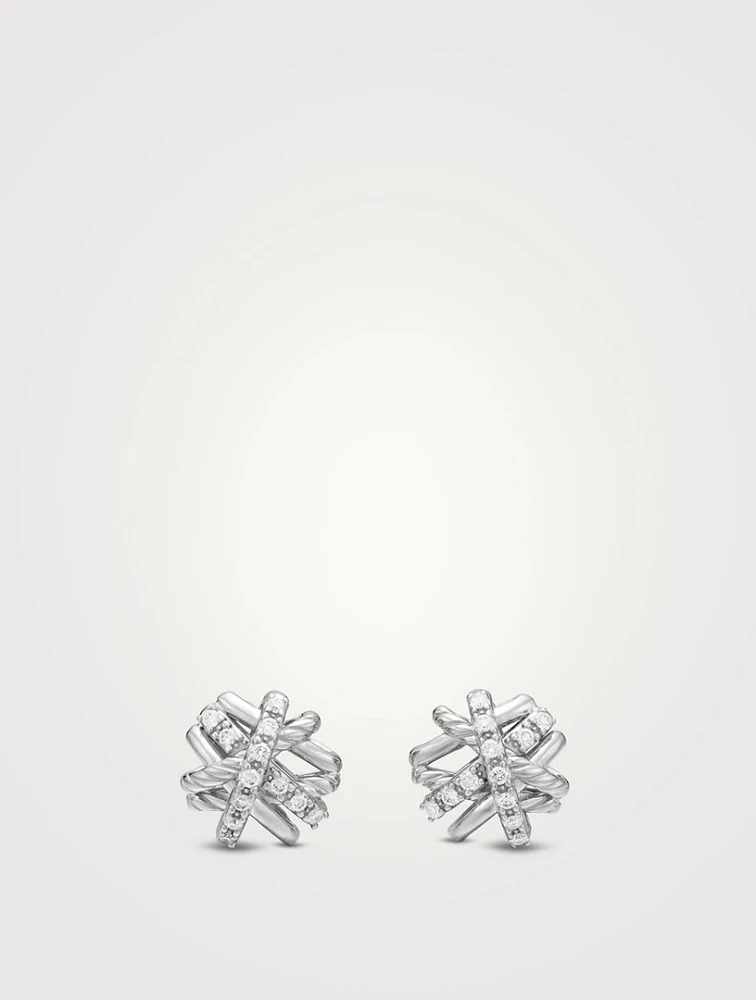 Crossover Stud Earrings In Sterling Silver With Diamonds, 11mm