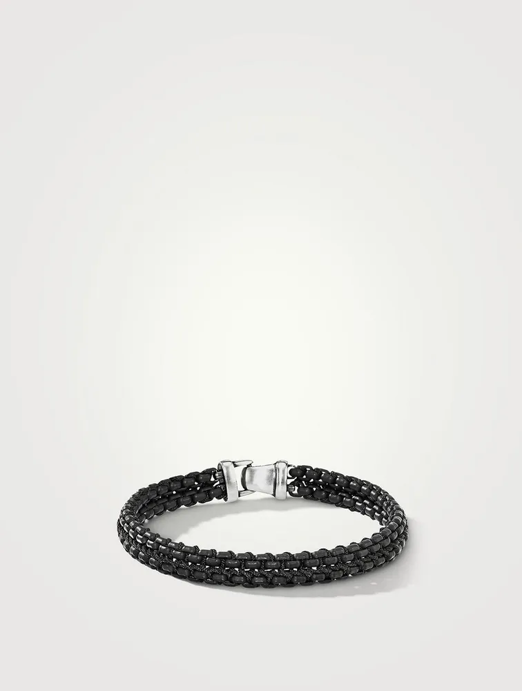 Woven Box Chain Bracelet Sterling Silver With Black Stainless Steel And Nylon