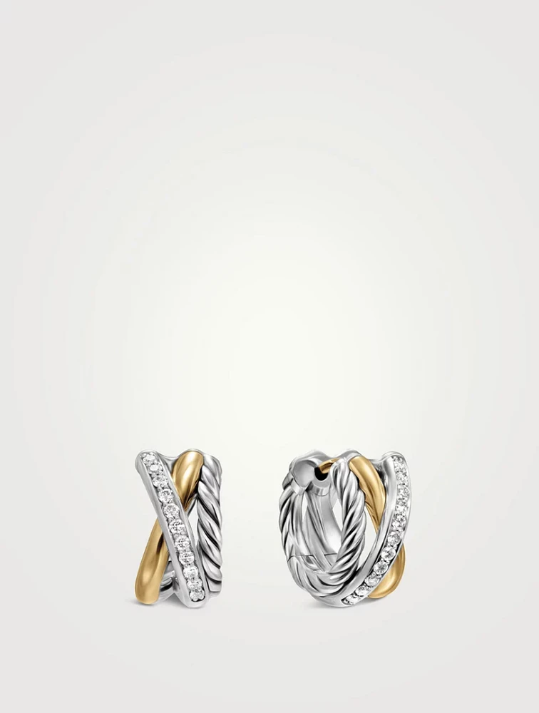 Crossover Three Row Huggie Hoop Earrings In Sterling Silver With 18k Yellow Gold, 13mm