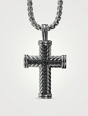 Chevron Cross Pendant In Sterling Silver With Pavé Black Diamonds