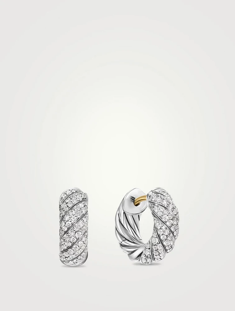 Sculpted Cable Hoop Earrings In Sterling Silver With Diamonds, 14.4mm